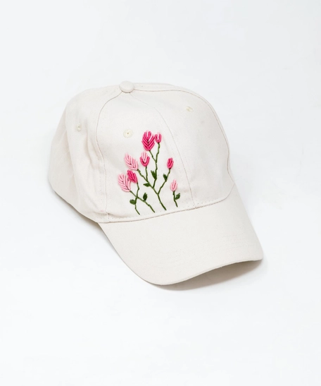 White Hand Embroidered Cap - Pink Floral Embroidery