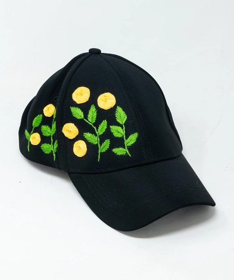 Black Floral Hand Embroidered Cap