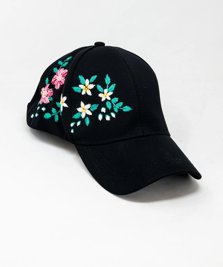 Black Embroidered Cap - Colorful Floral Embroidery