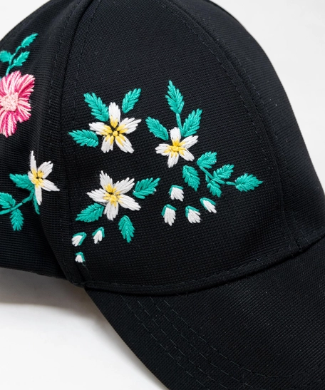 Black Embroidered Cap - Colorful Floral Embroidery