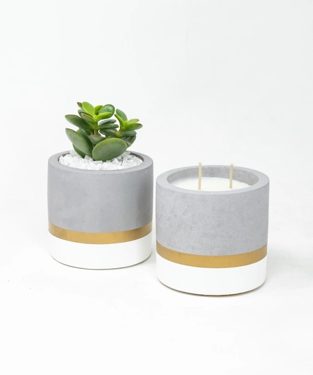 Cylindrical Concrete Set Of Candle and Plant Pot - White & Gold