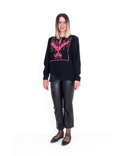 Black Blouse with Gaza Pink Embroidery - Small