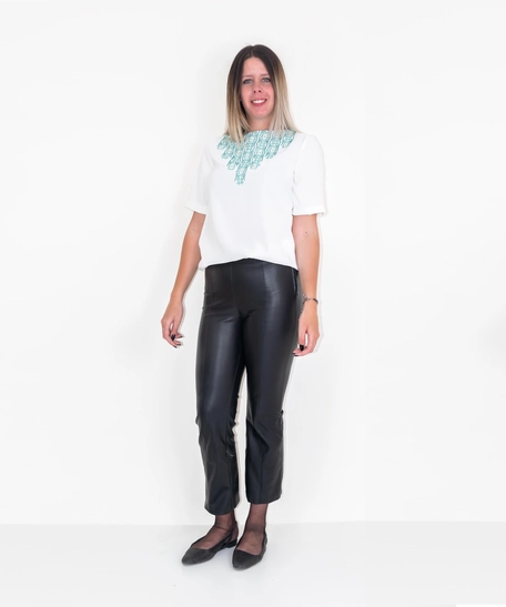 White T-Shirt with Turquoise Embroidery - Small