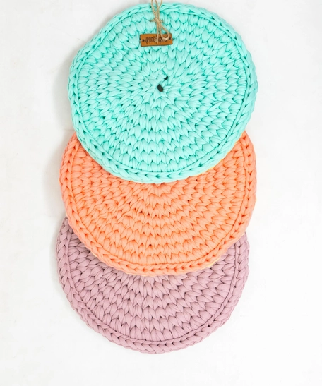 Hand Knitted Cooking Pot Crochet Coaster - Multiple Colors - Pink