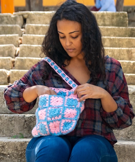 Crochet Bag in Blue and Pink