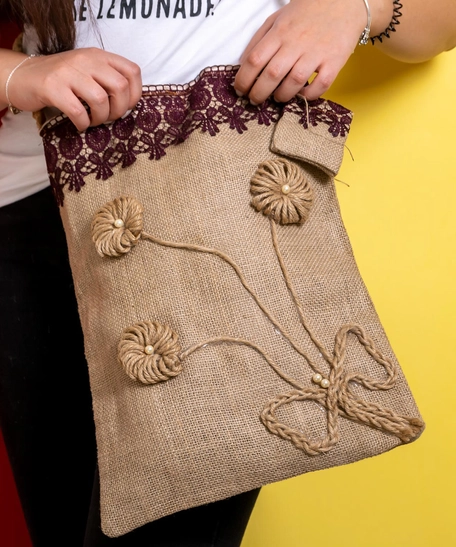 Burlap Handbag with a Small Headphones Purse