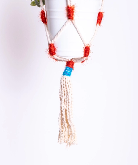 Macrame Plant Hanger - Red and Blue Threads