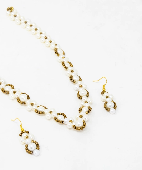 Set of Beaded Necklace and Earrings - White and Gold