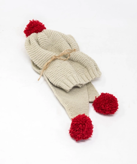 Kids Pom Beanie and Scarf Set - Different Colors - Beige