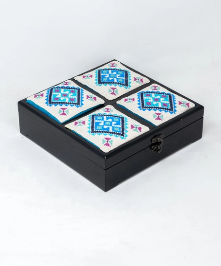 Hand-Embroidered Wooden Box - 9 Divided Sections - White & Blue