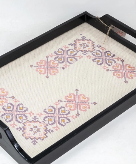 Wooden Serving Tray with Hand Embroidery