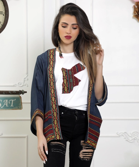 Navy Blue Blazer with Bedouin Embroidery - Large