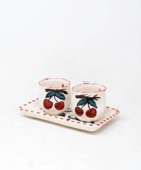 Pottery Set of 2 Cups and a Tray - Cherry