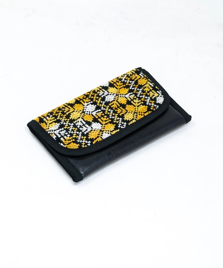 Trifold Embroidered Wallet- Multi Patterns - Yellow & White