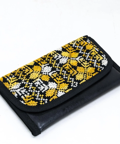 Trifold Embroidered Wallet- Multi Patterns - Yellow & White