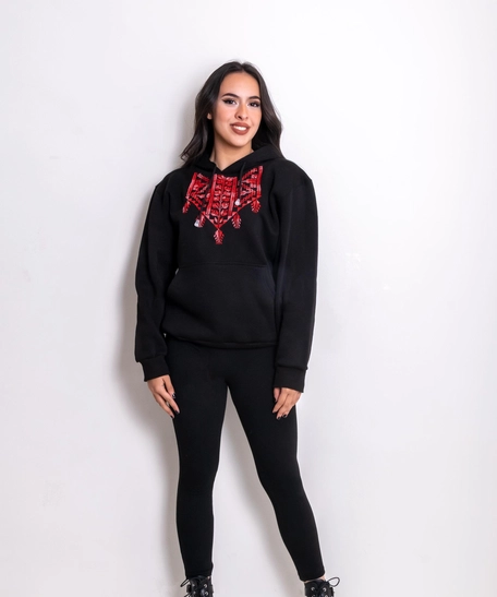 Hand Embroidered Hoodie - Red  - XL