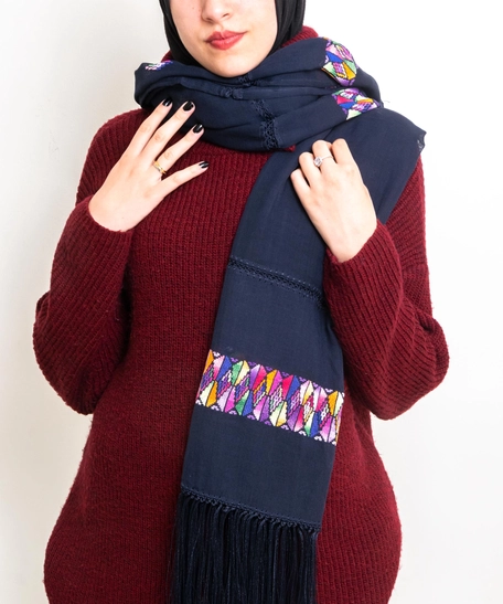 Dark Blue Scarf with Colorful Hand Embroidery