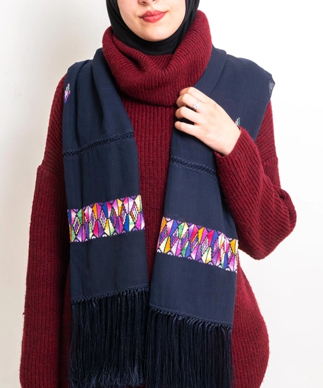 Dark Blue Scarf with Colorful Hand Embroidery