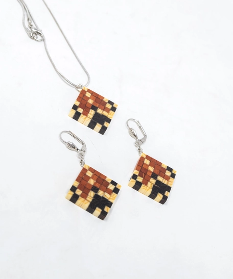 Wooden Necklace & Earrings Set - Multi Pattern - Pattern 2