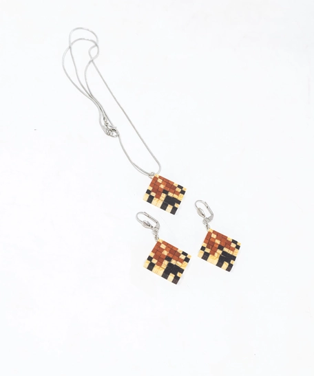 Wooden Necklace & Earrings Set - Multi Pattern - Pattern 2