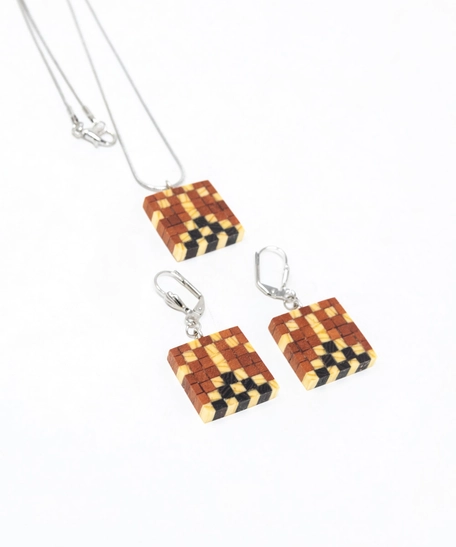 Wooden Necklace & Earrings Set - Multi Pattern - Pattern 2