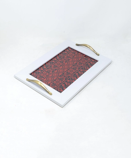 Embroidered Wooden Tray - White