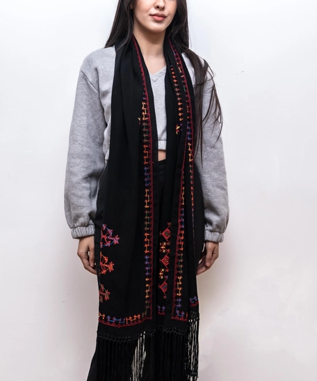 Black Scarf - Red Peasant Embroidery