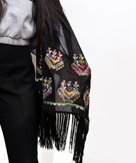 Black Scarf - Colorful Peasant Embroidery
