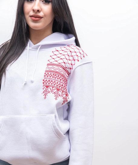 White Embroidered Hoodie - Shemagh Pattern - XL