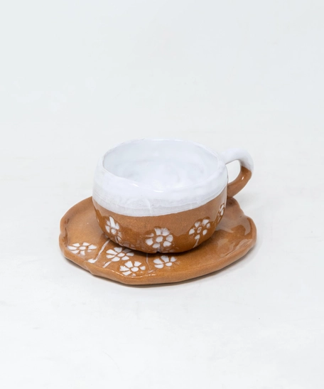 Floral Pottery Set - White & Brown