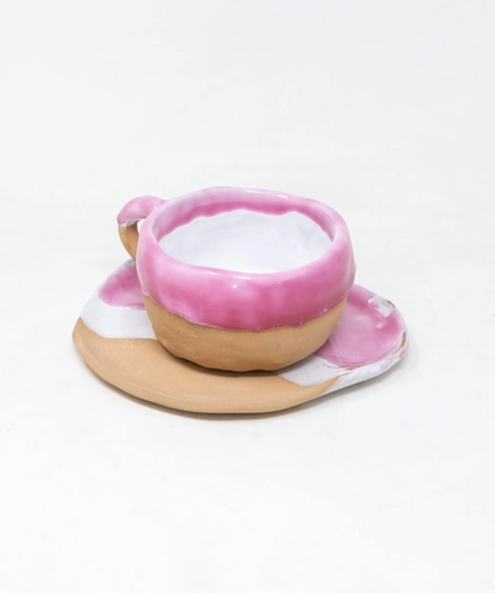 Pottery Cup & Saucer Set - Pink & White