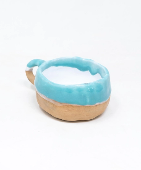Pottery Cup & Saucer Set - Brown & Glazed with White & Blue 
