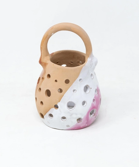 Pottery Candle Holder - Brown & Pink & White