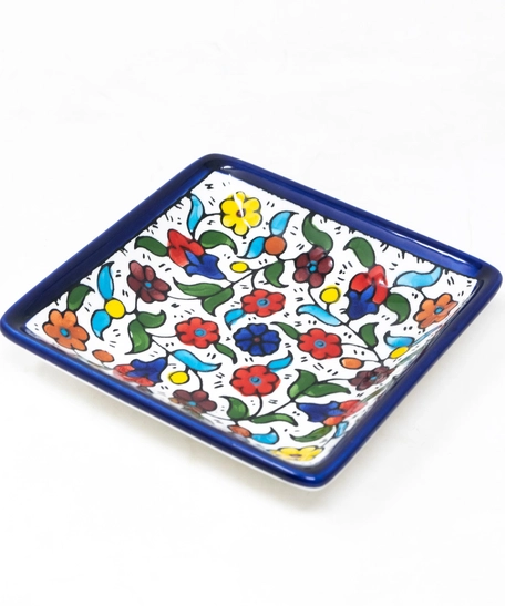 Square Ceramic Floral Plate - Blue