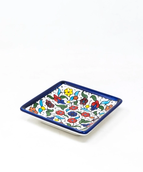 Square Ceramic Floral Plate - Blue