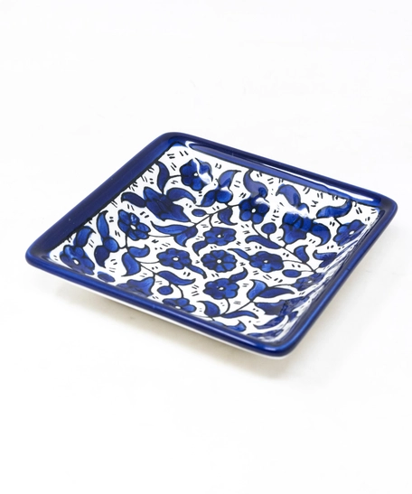 Square Ceramic Floral Plate - Blue