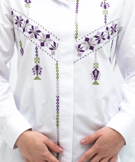 Women's Long Sleeve Shirt - Hand Embroidered with Palestinian Details - M