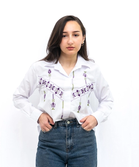 Women's Long Sleeve Shirt - Hand Embroidered with Palestinian Details - M