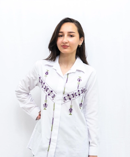 Women's Long Sleeve Shirt - Hand Embroidered with Palestinian Details - M