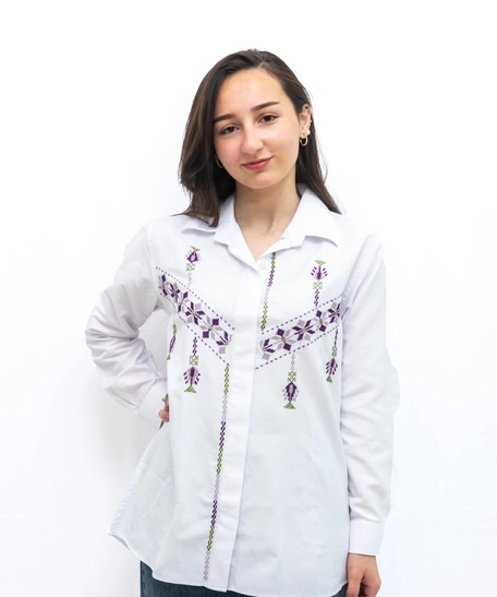 Women's Long Sleeve Shirt - Hand Embroidered with Palestinian Details - M