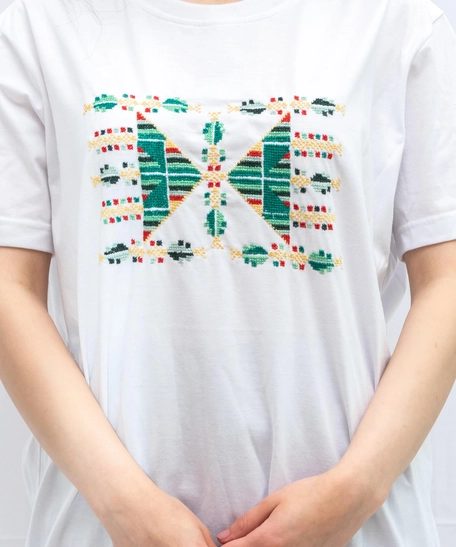 White T-Shirt with Colorful Hand Embroideries - S