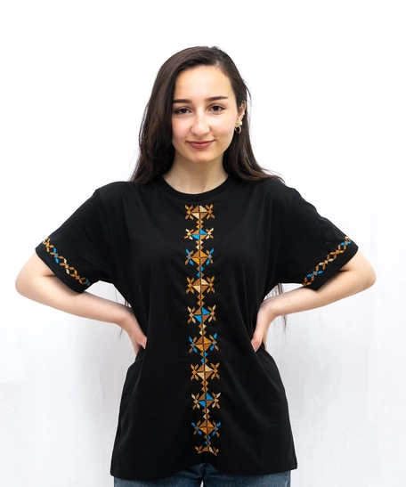 Black Embroidered T-shirt with Golden Hand Embroideries - S