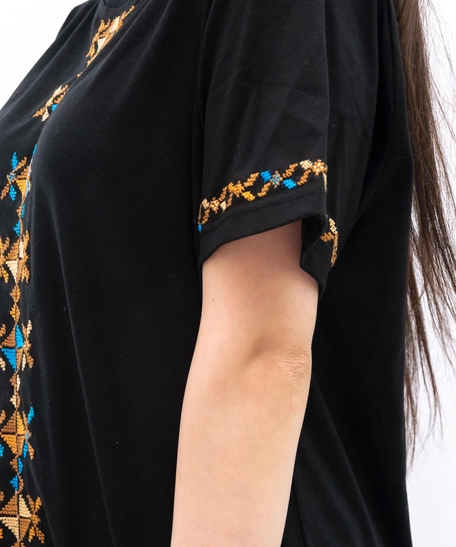 Black Embroidered T-shirt with Golden Hand Embroideries - S