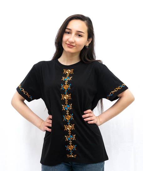 Black Embroidered T-shirt with Golden Hand Embroideries - S