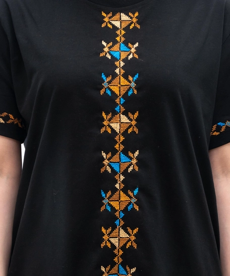 Black Embroidered T-shirt with Golden Hand Embroideries - S