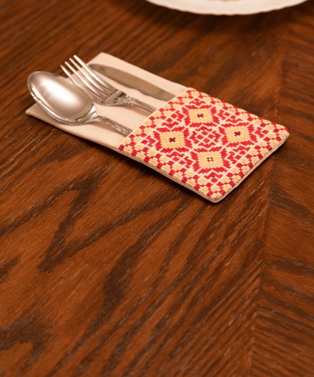 Set of 6 Cutlery Pouches Adorned with Red & Yellow Embroidery