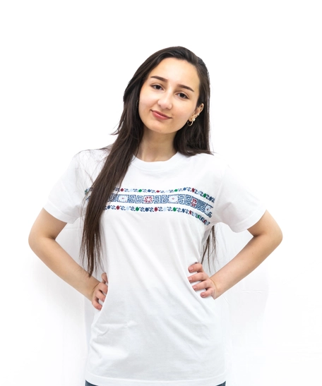 White T-shirt  with Blue Hand Embroideries - S
