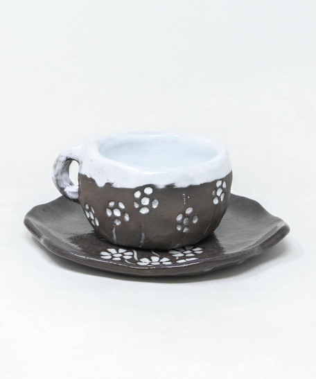 Handmade White & Dark Brown Pottery Cup with Saucer - Floral Patterns