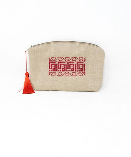 Beige Clutch Adorned with Red Embroidery Patterns