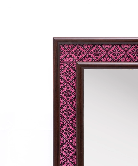 Wall Mirror of Brown Wooden Frame and Colorful Embroidery Patterns - Multiple Patterns - Green